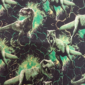 Jurassic Park Dinosaur T-Rex French Terry Green Black Stretch Fabric Per 50cm