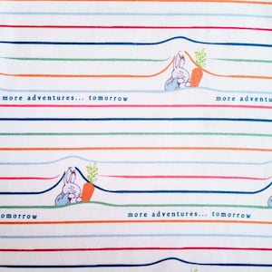 Puede incluir: Tela blanca con rayas azules, verdes, naranjas y rosas. La tela tiene un patrón repetido de un conejo sosteniendo una zanahoria. El texto "more adventures... tomorrow" está impreso en la tela.