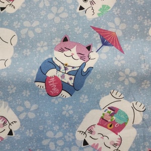 Michael Miller Blue Japanese Lucky Cats Cotton Fabric 110cm wide Per 50cm