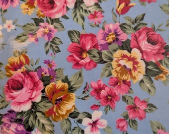 Vintage Blue Floral Laminated Cotton Fabric, Tea Roses, Waterproof, Per 50cm