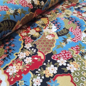 Blue and Gold Traditional Japanese Print Fabric on Cotton Fabric per 50cm