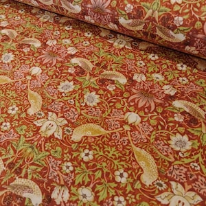 William Morris Thameside Strawberry Thief in Brick Red, Quilters Gewicht Katoenen Stof, Per 50cm