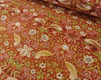William Morris Thameside Strawberry Thief in Brick Red, Quilters Weight Cotton Fabric, Per 50cm