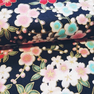 Black Cherry Blossom Japanese Collection Floral Cotton Fabric 150cm wide Per 50cm