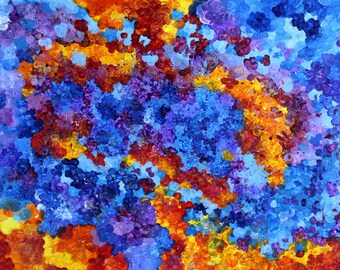 May include: Abstract painting with a vibrant mix of colors. The artwork features a textured surface with a blend of blues, purples, oranges, and yellows. The brushstrokes create a dynamic and energetic composition, suitable for wall decor.