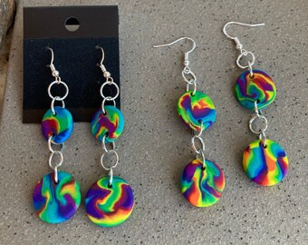 Tie dye inspired dangle charm earrings handmade polymer clay