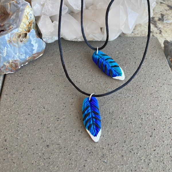 Blue Jay Feather Charm Necklace bluejay polymer clay pendant hand sculpted