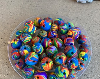 100 Rainbow Tie Dye Beads Hand Rolled polymer clay  100 beads variety of sizes and colors