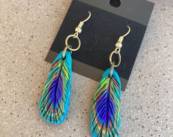 Fantasy Peacock feather Earrings hand sculpted polymer clay