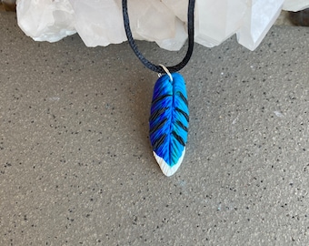 Blue Jay Feather Charm Necklace bluejay polymer clay pendant hand sculpted