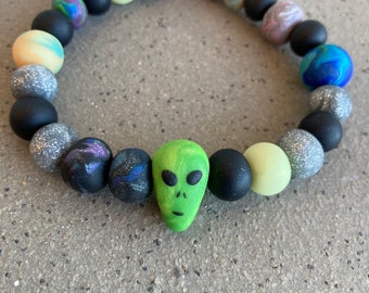 Alien Bracelet handmade beads space planets and glow in the dark moons polymer clay stretch bracelet