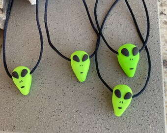 Glow in the Dark Alien Head Pendant necklace hand sculpted polymer clay little green men