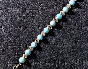 Incredible Genuine Robins Egg Blue Round Cut Dominican Larimar/Sterling Silver Tennis Bracelet Adjustable 6.5" to 8"