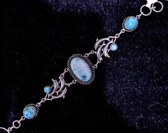 INCREDIBLE Robins Egg Blue Dominican Larimar Set in Handmade Sterling Silver "DOLPHIN" Bracelet  Adjustable 7"-8"