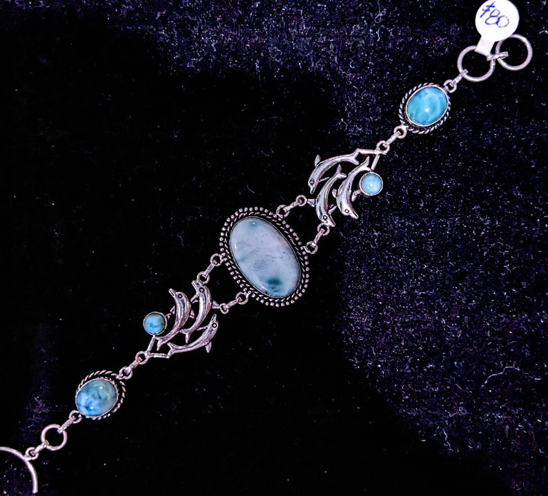 INCREDIBLE Robins Egg Blue Dominican Larimar Set in Handmade Sterling Silver DOLPHIN Bracelet Adjustable 78 image 1