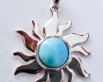 Highly Polished Stunning Genuine Larimar/Sterling Silver "Sun" Pendant with Free Sterling Silver Chain