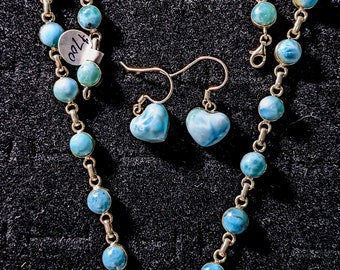 Fast and Free Shipping Stunning, Beautiful & Rare Volcanic Blue Dominican Larimar/Sterling Silver 20"  "HEART" Statement Necklace