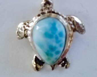 Beautiful Genuine Untreated Larimar/Sterling Silver Sea Turtle Pendant with Free Sterling Silver Chain approx. 25mm X 22mm