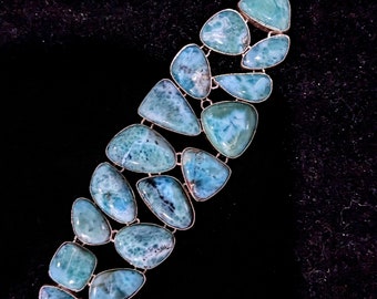 STUNNING Robins Egg Blue Dominican Larimar Set in Handmade Sterling Silver Cluster Bracelet  Adjustable 7 1/4"-8 1/4"