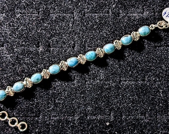 Incredible Genuine Robins Egg Blue Oval Cut Dominican Larimar/Sterling Silver Tennis Bracelet Adjustable 6.5" to 8"