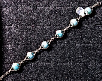 Incredible Genuine Robins Egg Blue Round Cut Dominican Larimar/Sterling Silver Bracelet 6 3/4"- 7 1/2" Lobster Claw Clasp