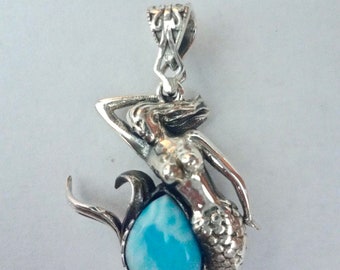 Magnificent Dominican Larimar "Mermaid" Pendant in Handmade Sterling Silver Setting w/Free Sterling Silver Chain