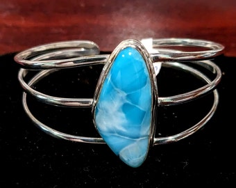 STUNNING Genuine Volcanic Blue Dominican Larimar/Sterling Silver Cuff Bracelet Adjustable 6.5" to 8"