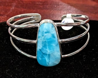 STUNNING Genuine Volcanic Blue Dominican Larimar/Sterling Silver Cuff Bracelet Adjustable 6.5" to 8"