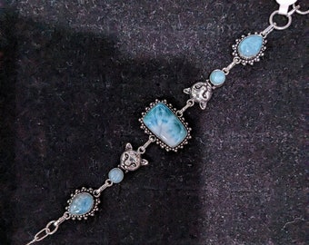 INCREDIBLE Robins Egg Blue Dominican Larimar Set in Handmade Sterling Silver "CAT" Bracelet  Adjustable 7"-8"