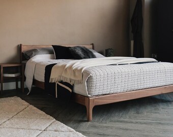 Low Handmade Bed, wooden bed frame, solid wood, walnut, low bed, low bed, platform bed, platform bed with headboard
