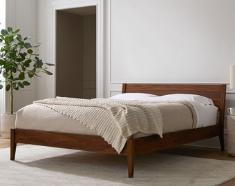 Mid-Century Bed, wooden bed frame, solid wood, walnut, low bed, low bed, platform bed, platform bed with headboard