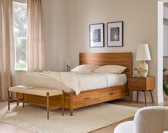 Mid-Century Storage Bed, wooden bed frame, solid wood, walnut, low bed, low bed, platform bed, platform bed with headboard