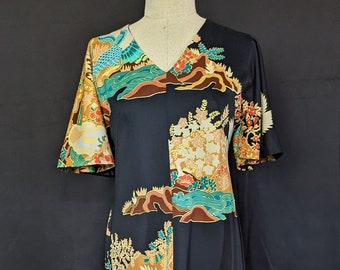 70s Retro Asian Print Maxi Dress