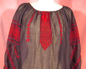 70s Black and Red Embroidered Peasant Blouse