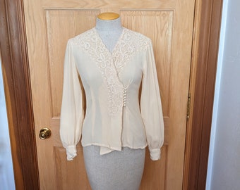 Jaren '80 zijden handgemaakte blouse van Nancy Johnson