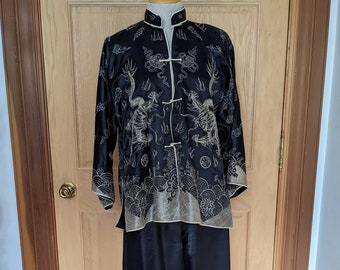 1940s 50s Chinese Silk Embroidered Pajamas Pants Jacket