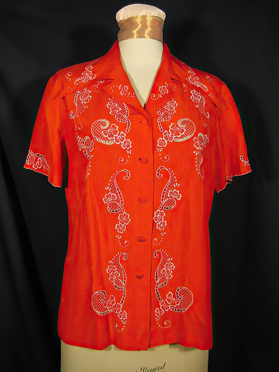 1970s Red Chinese Silk Embroidered Blouse Shangha… - image 1