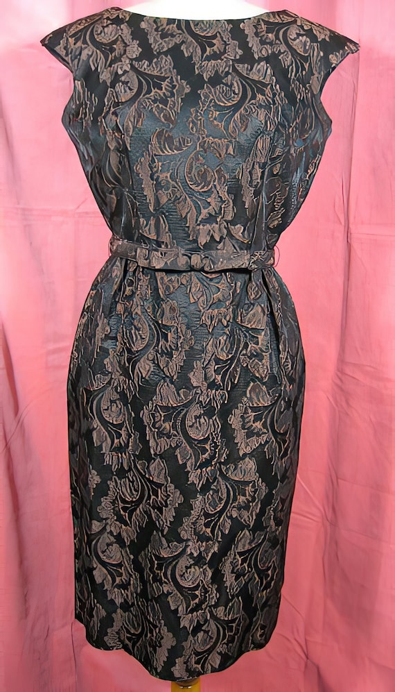 1950s Brown Damask Wiggle Dress - image 1