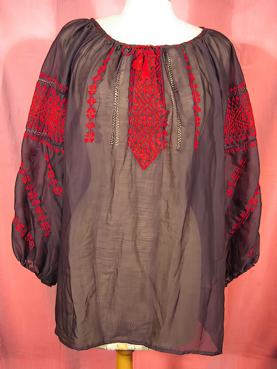 70s Black and Red Embroidered Peasant Blouse - image 1