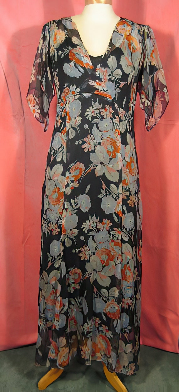 1930s Print Silk Chiffon Dress Gown