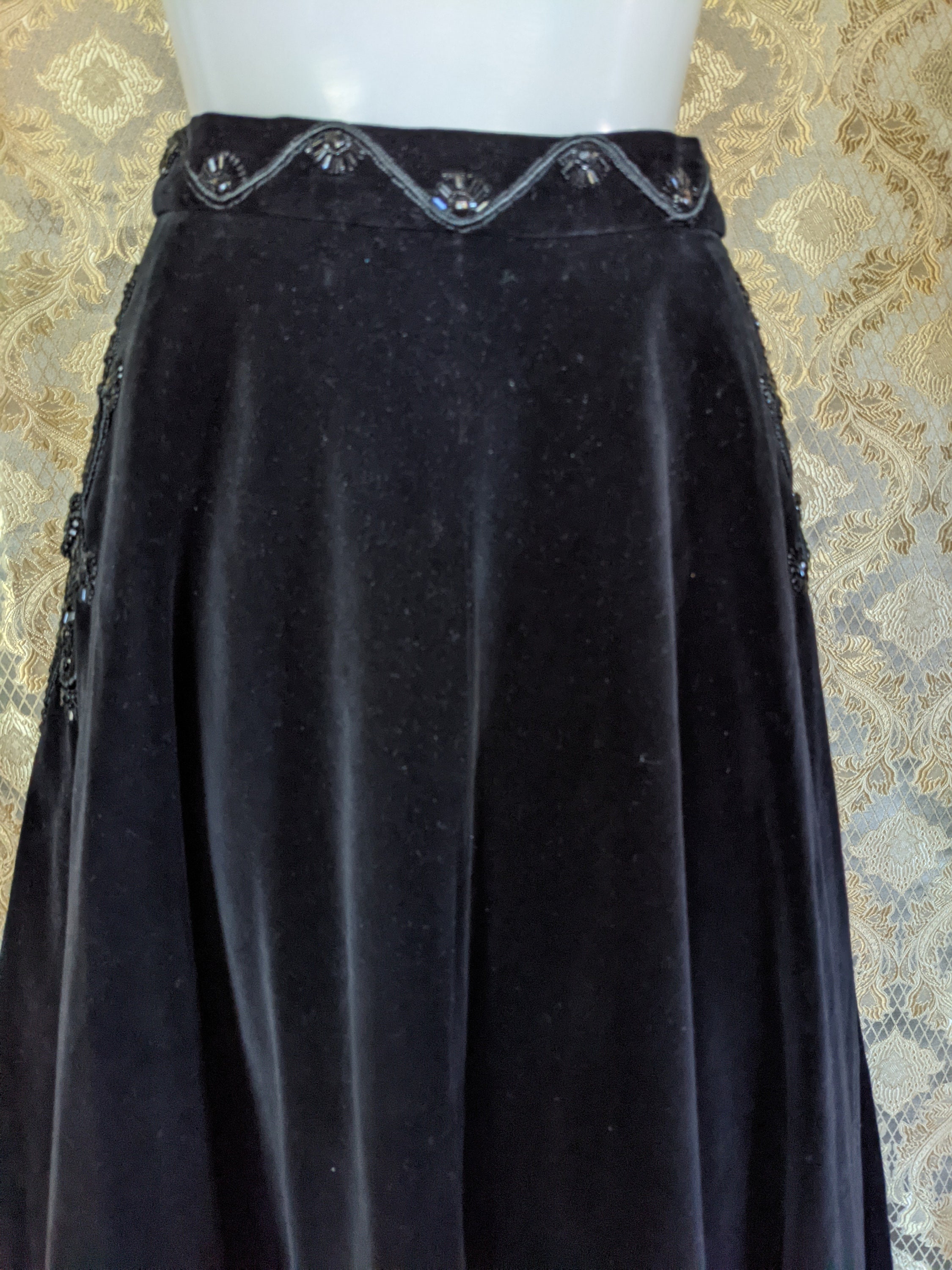 Vintage 50s Dress Black Rayon Velvet Trim & Full Skirt M