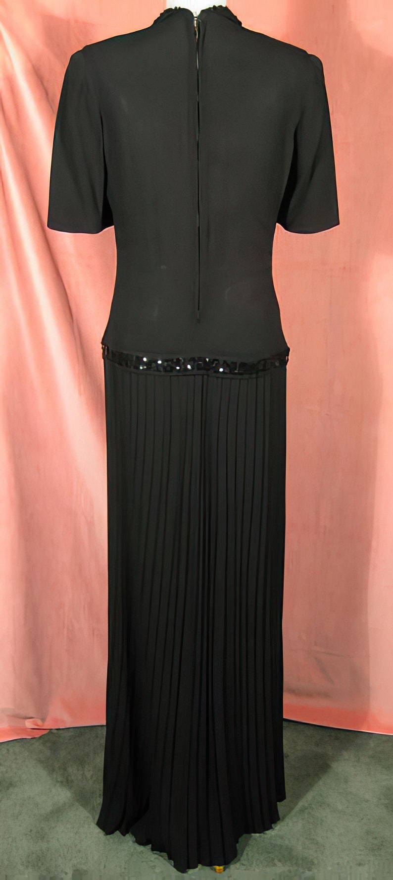 1940s Black Crepe Evening Dress Gown Sequins Pleated