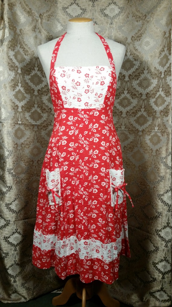1970s Cotton Halter Sundress in Red & White