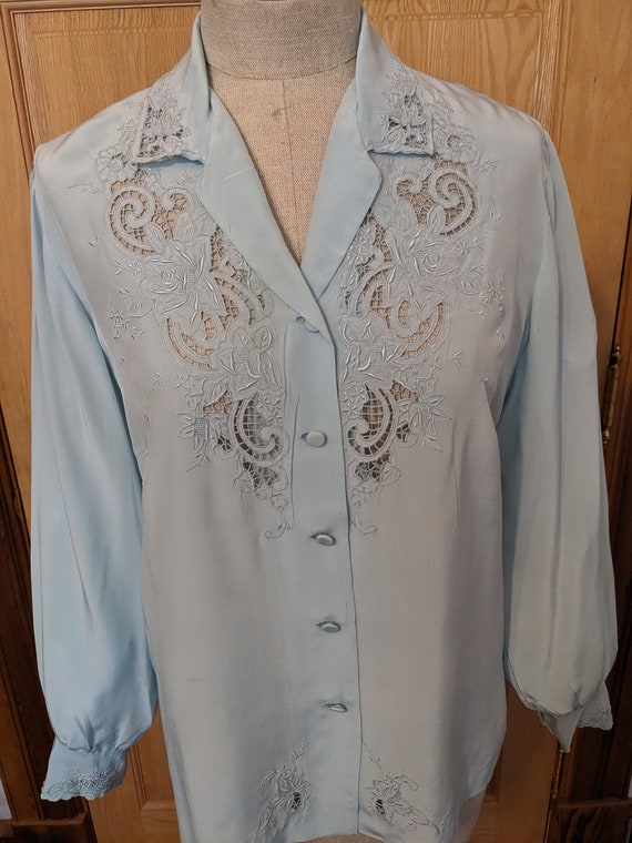 70s Chinese Silk Embroidered Blouse Ice Blue - image 2