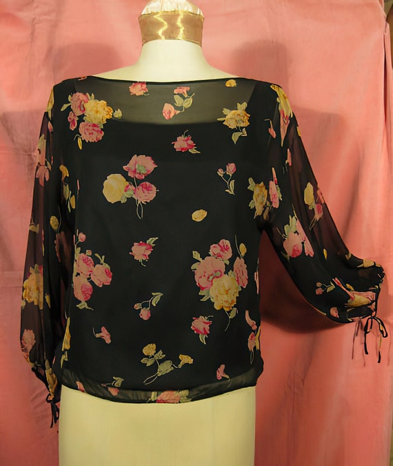 70s Silk Chiffon Blouse with Roses Print - image 1