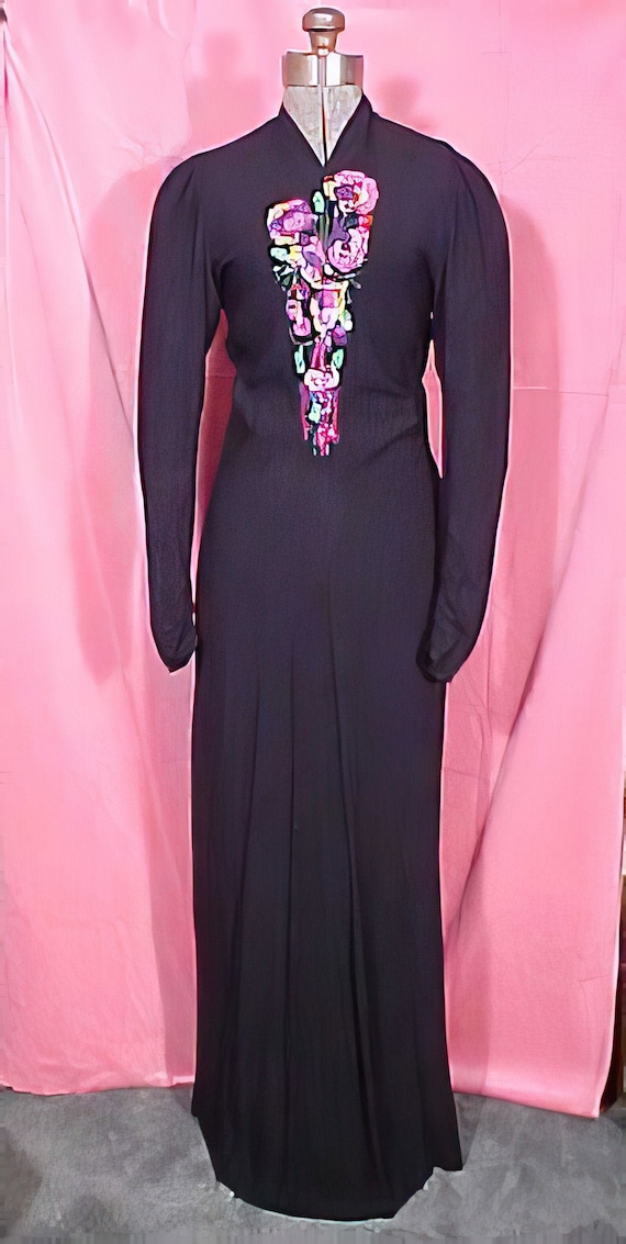 1930s Long Black Crepe Dress Gown w/ Sequins