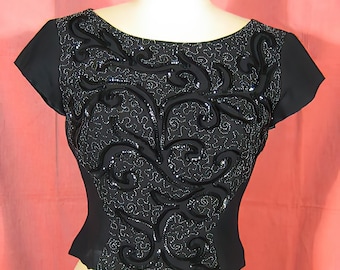 1940s Black Crepe Braid and Sequin Blouse Top