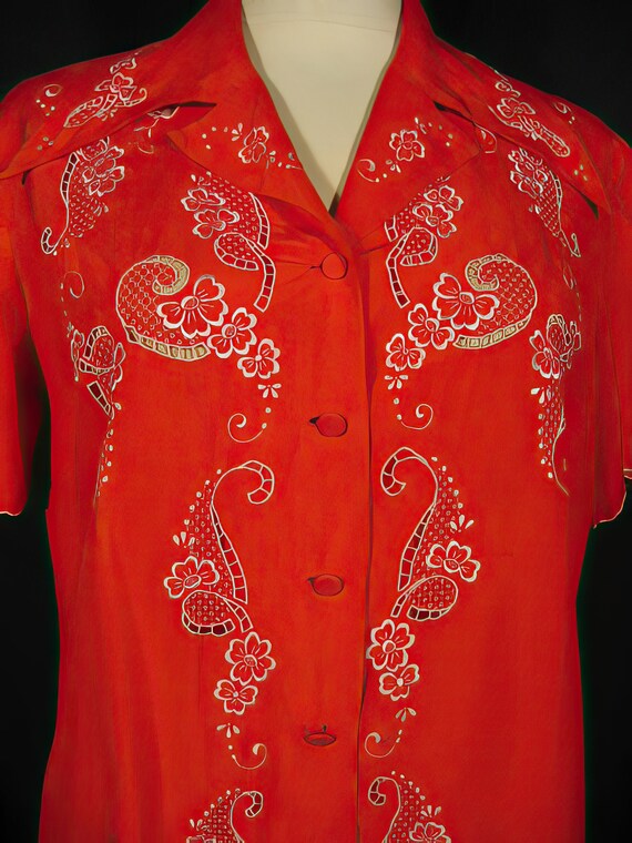 1970s Red Chinese Silk Embroidered Blouse Shangha… - image 2