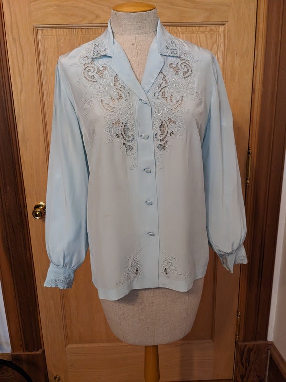 70s Chinese Silk Embroidered Blouse Ice Blue - image 1