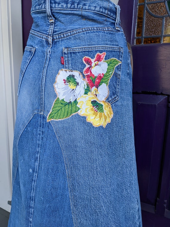 70s Levi 501 Jeans Skirt Barkcloth Applique - image 6